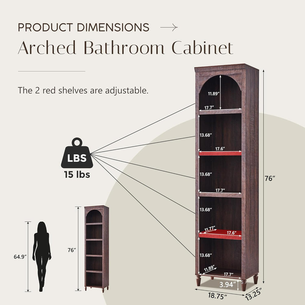 IFBUY 76" Arched Bathroom Storage Cabinet, Narrow Arched Cabinet, Brown