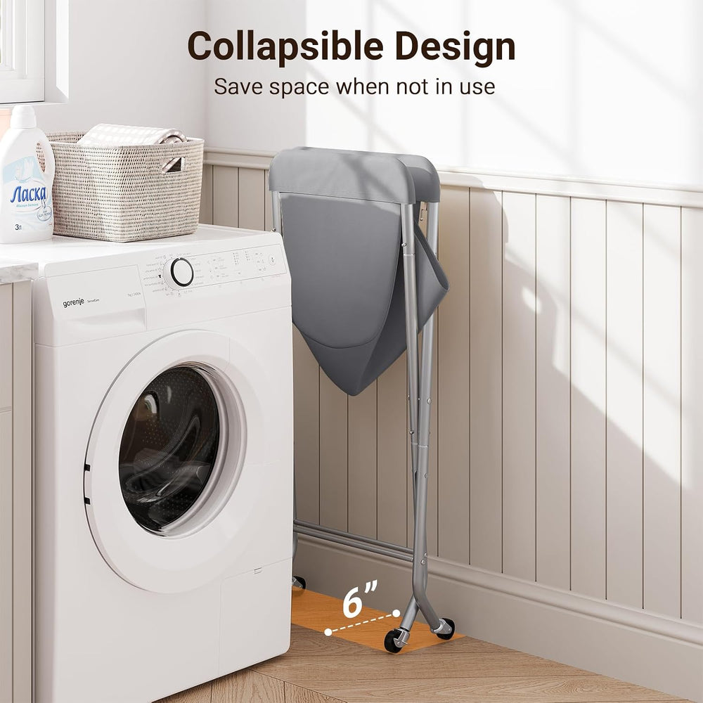 ELYKEN Laundry Basket with Wheels, Collapsible Laundry Hamper, Gray