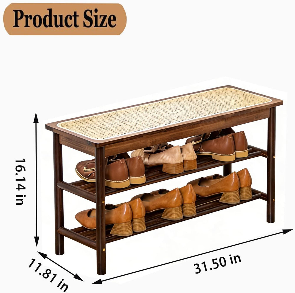 latifolia Shoe Rack Bench, 3-Tier Bamboo Shoe Bench with Breathable Rattan Se...