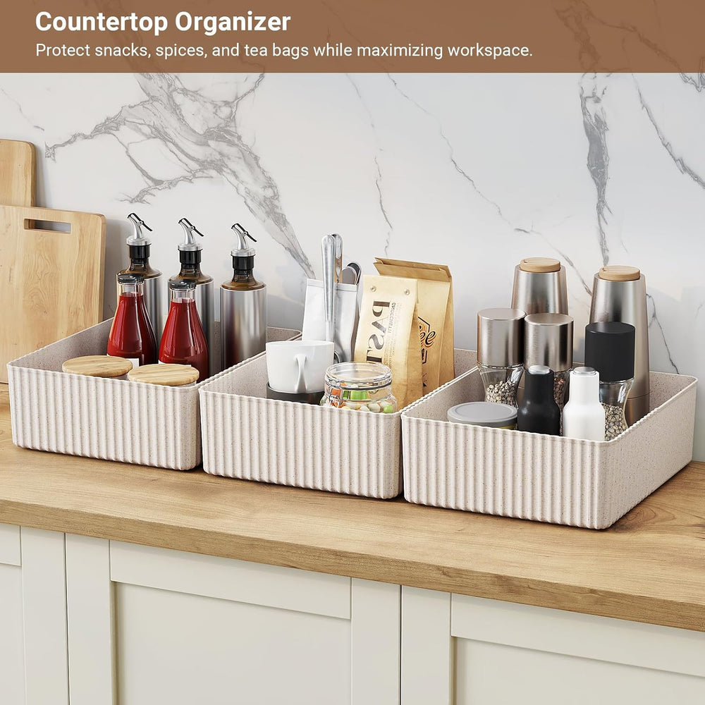 Decorative Storage Bins with Lids, Set of 6, 3 Size Baskets, Ivory
