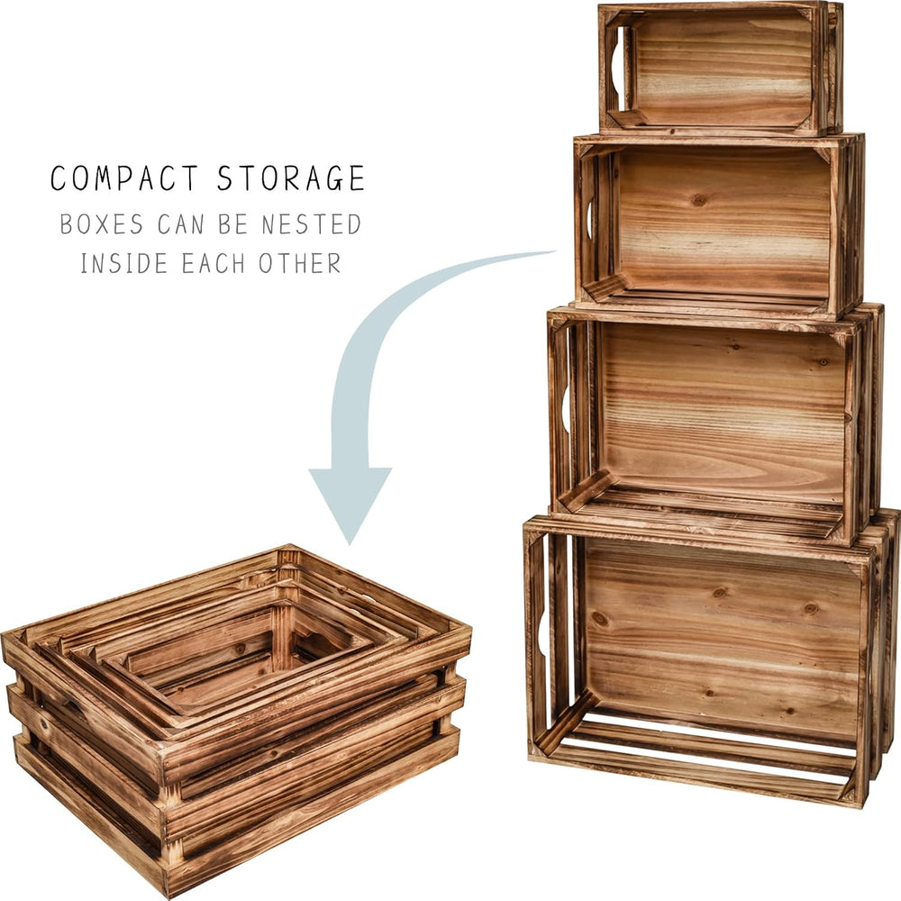 Set of 4 Large Torched Wood Decorative Storage Crates, Nesting Wooden Crates ...