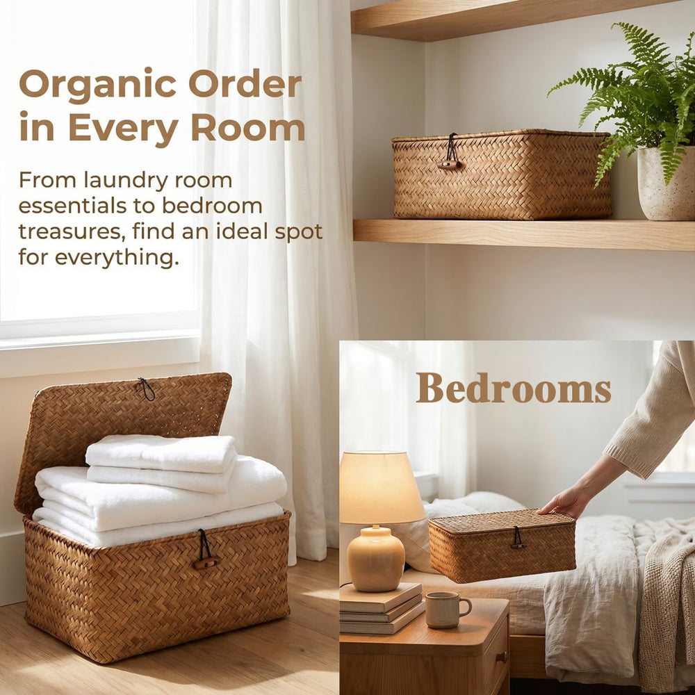 Wicker Basket with Lid,Seagrass Flat Storage Bins, Set of 5
