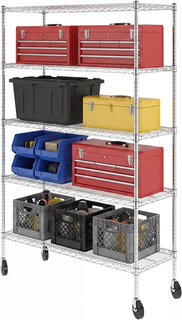 SafeRacks NSF 5-Tier Heavy Duty Wire Shelving Unit w/Wheels, 18"x48"...