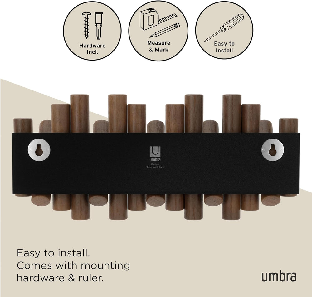 Umbra Picket Coat Rack, Wall Mount 5 Flip-Down Coat Hooks, Walnut