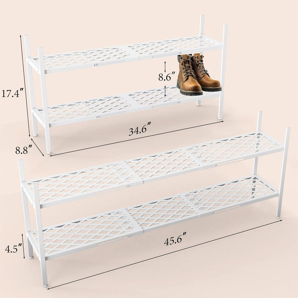 Long Expandable Metal Shoe Rack for Closet, Entryway, Garage, 2-Tier, White
