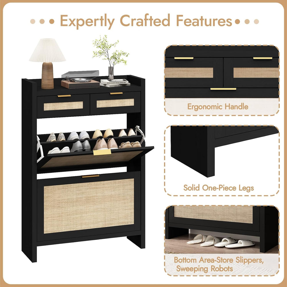 HOKYHOKY Rattan Shoe Storage Cabinet with 2 Drawers & 2 Flip Drawers
