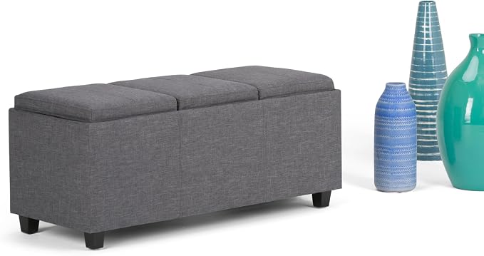 SIMPLIHOME Avalon 42 Inch Wide Contemporary Rectangle Storage Ottoman in Slate