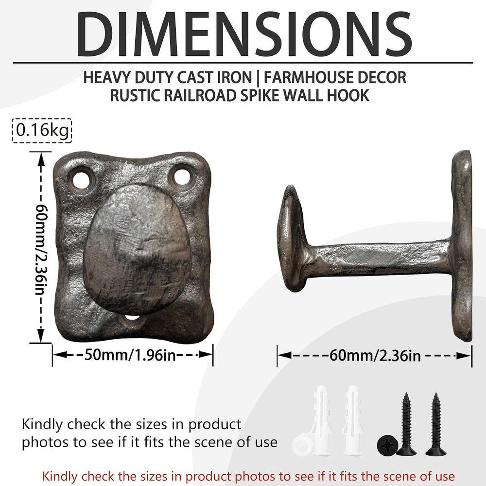 4Pcs Rustic Cast Iron Railroad Spike Wall Hook, Heavy Duty Farmhouse Style Si...