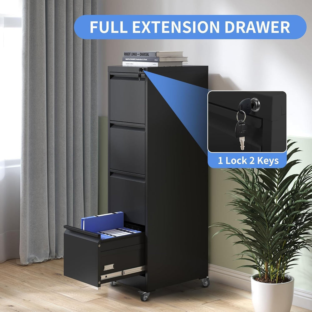 4 Drawer File Cabinet with Wheels, Metal Filing Cabinet with Lock and Wheels,...