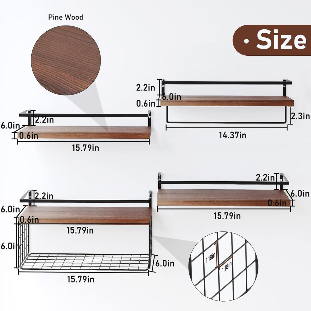Bathroom Floating Shelves Wall Mounted - 4+1 Tier Rustic Wooden Bathroom Wall...