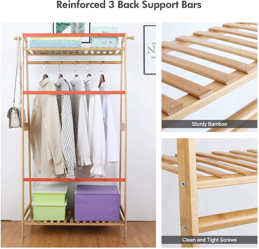 Ufine Bamboo Clothes Hanging Rack with 2 Tier Storage Shelves, 2 Coat Hooks