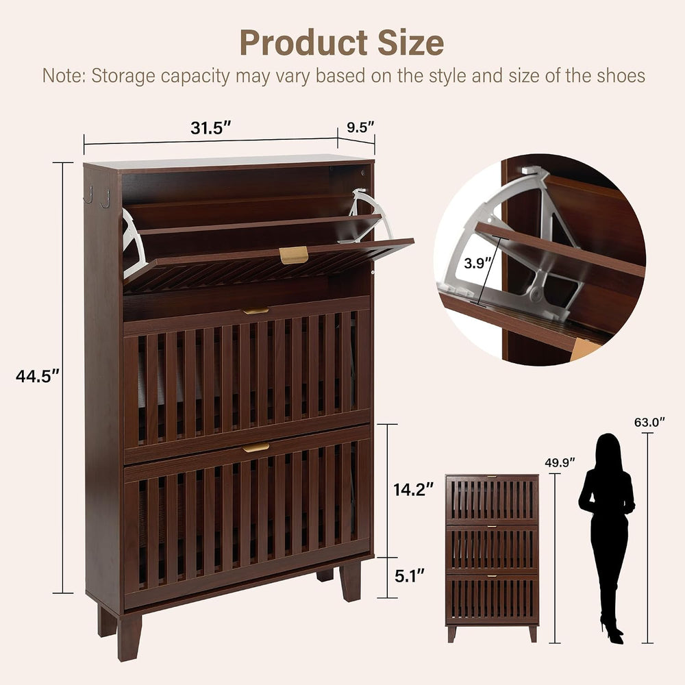 Shoe Cabinet with 3 Flip Drawers for Entryway, Walnut