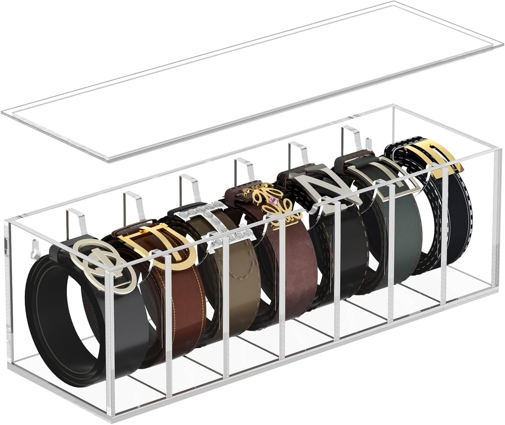 FEMELI Acrylic Belt Organizers for Closet 7-Slots Belt box with Dust Cover
