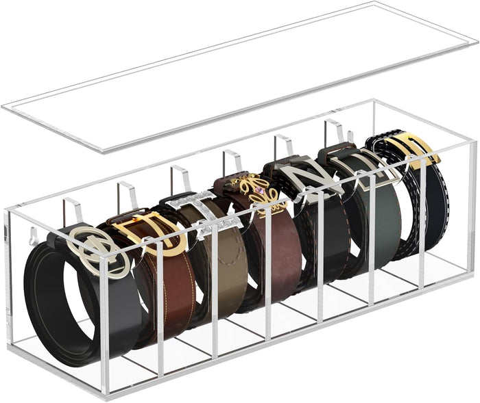 FEMELI Acrylic Belt Organizers for Closet 7-Slots Belt box with Dust Cover