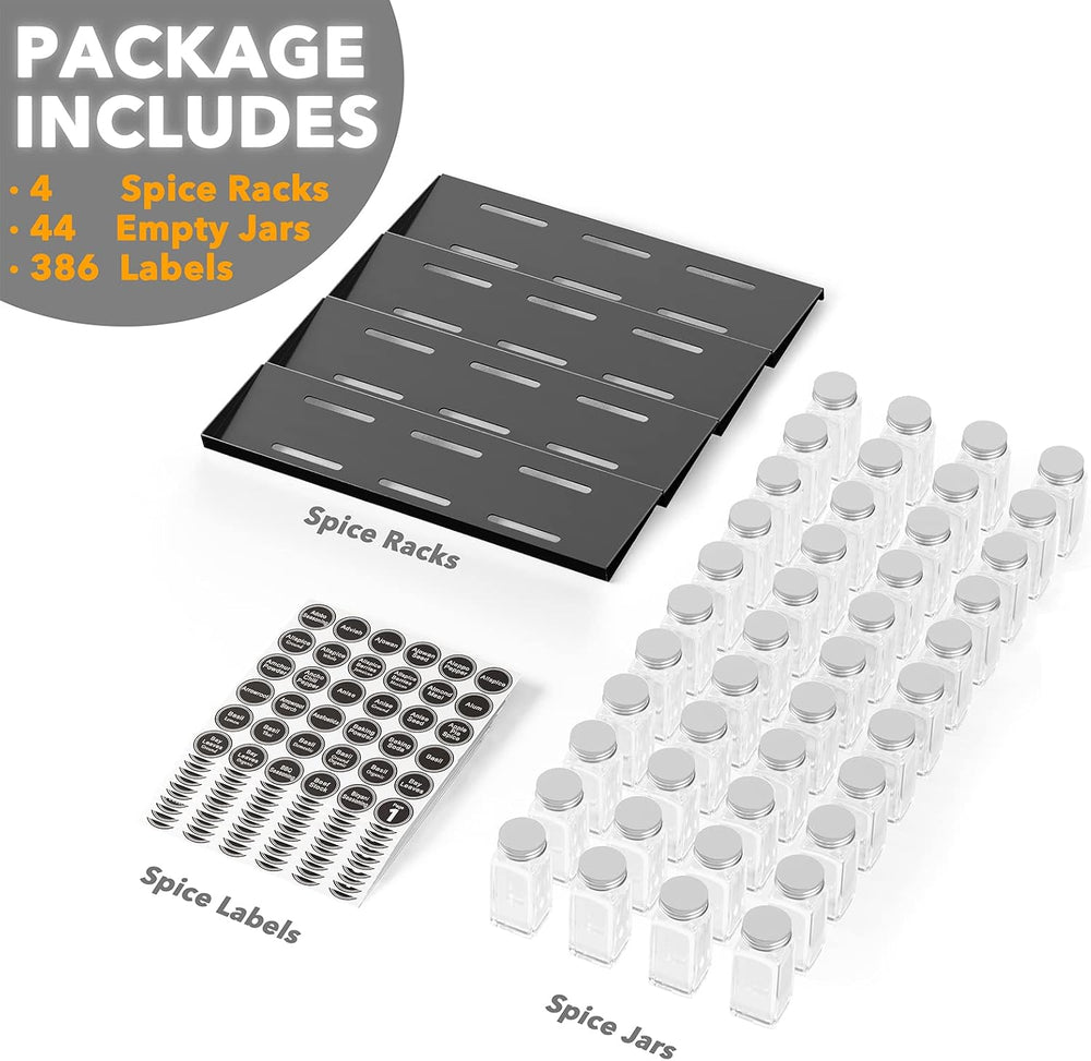 SpaceAid Spice Drawer Organizer with 44 Spice Jars, 386 Spice Labels, 4 Tier ...