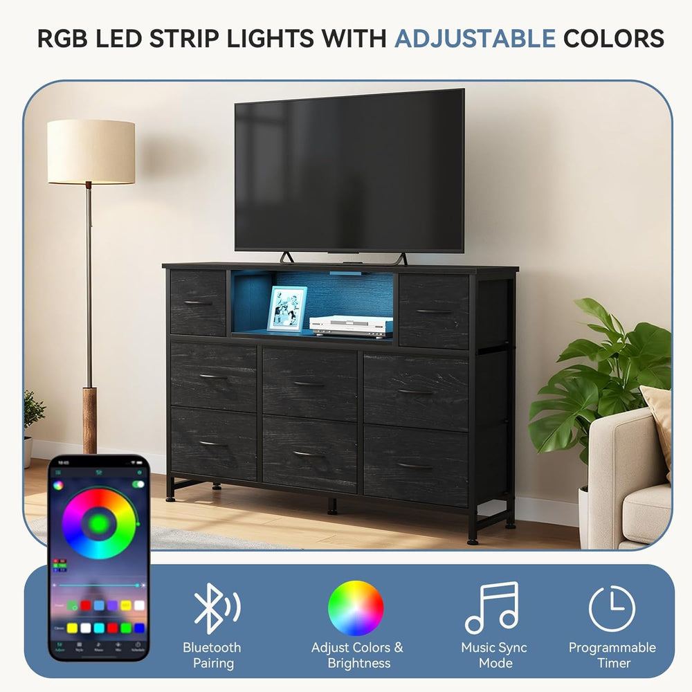 DUMOS LED Entertainment Center, TV Stand Dresser with Charging Station