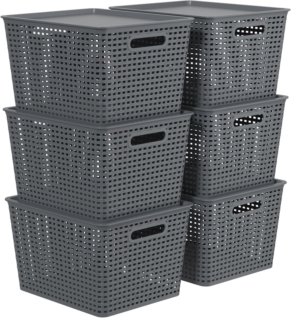 6-Pack Large Plastic Storage Baskets with Lid, Stackable Bins