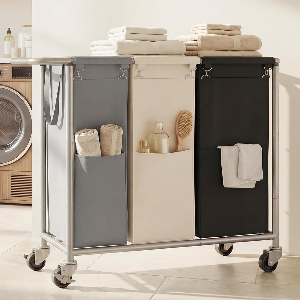 Heybly 3-Section Laundry Sorter Hamper,Rolling Laundry Hamper with Removable ...