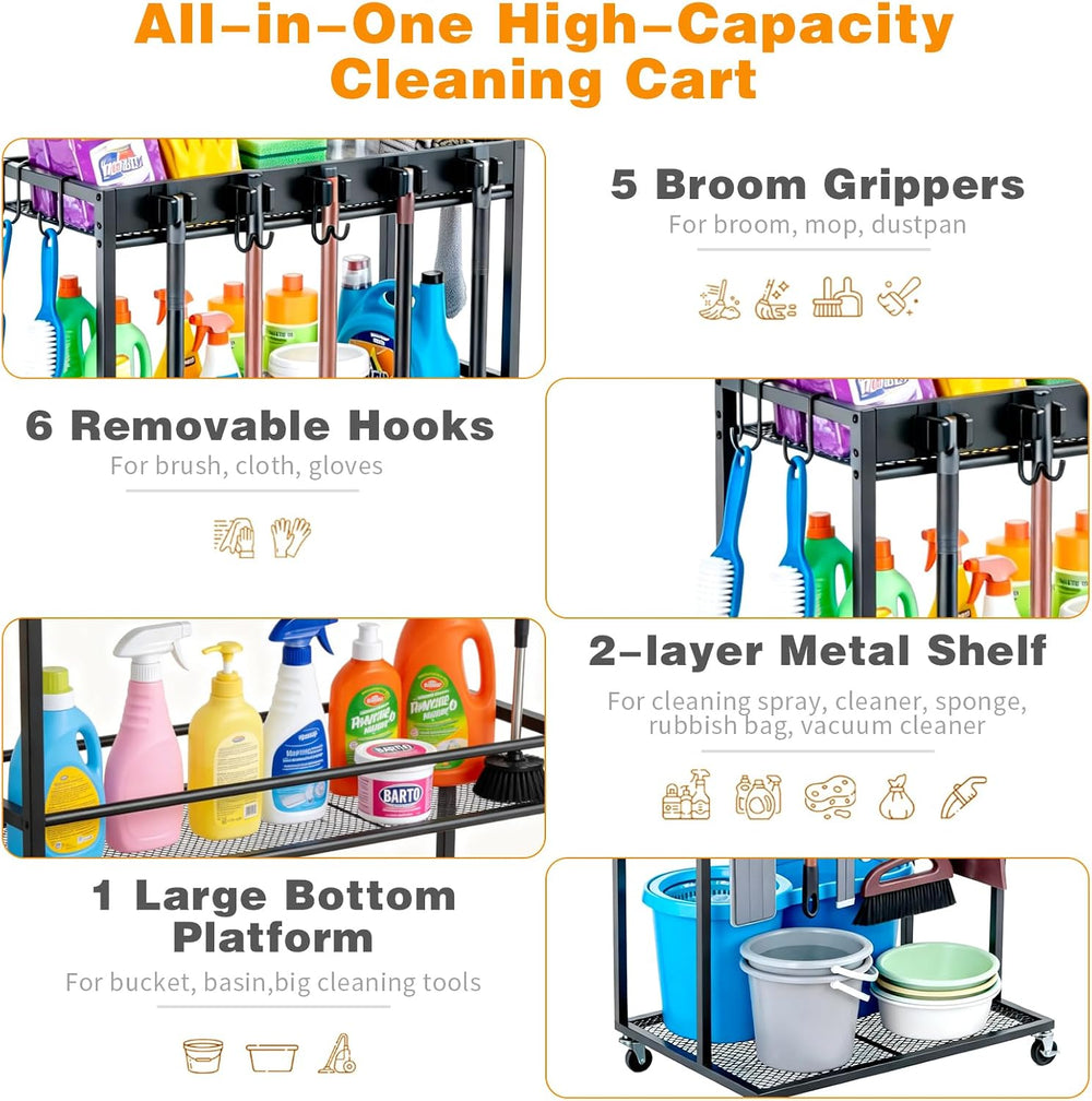 2 Levels Easy-Assembly Broom Holder Cart for Laundry