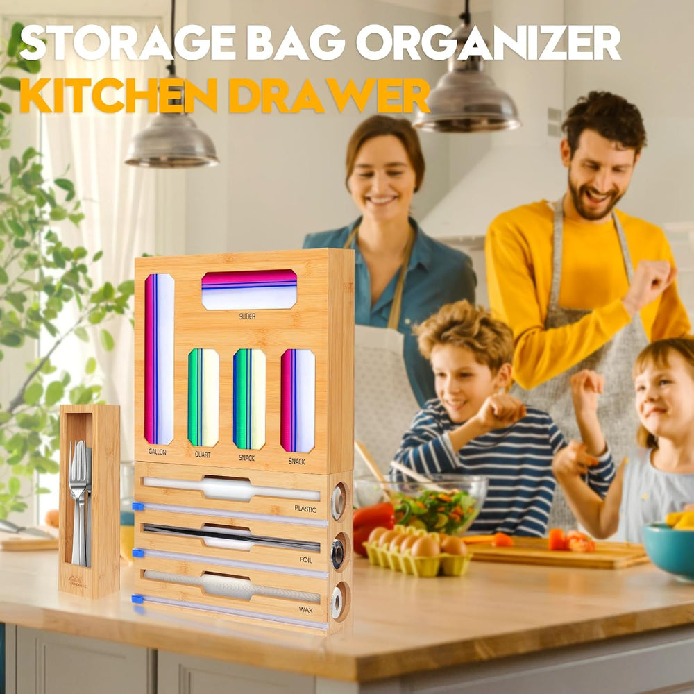 Bamboo Ziplock Bag Organizer for Kitchen Drawer & Wall Mount, Food Storag...