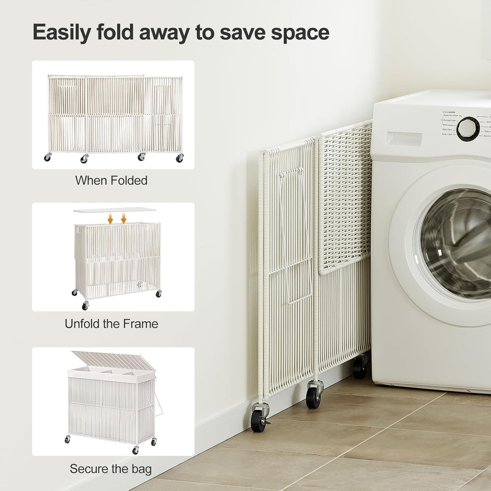 WOWLIVE Laundry Basket 3 Section, Handwoven Laundry Hamper with Wheels