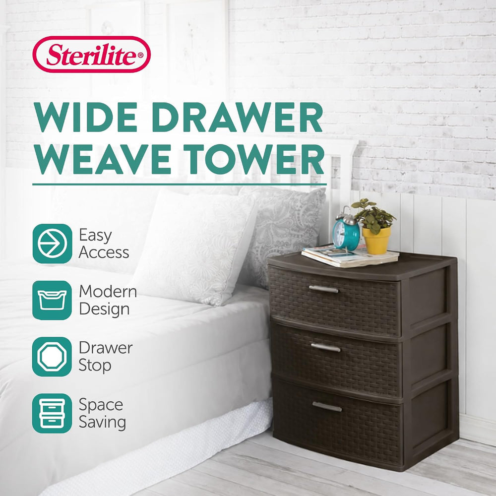 Sterilite Wide 3 Drawer Weave Tower, Home Organizer, Espresso