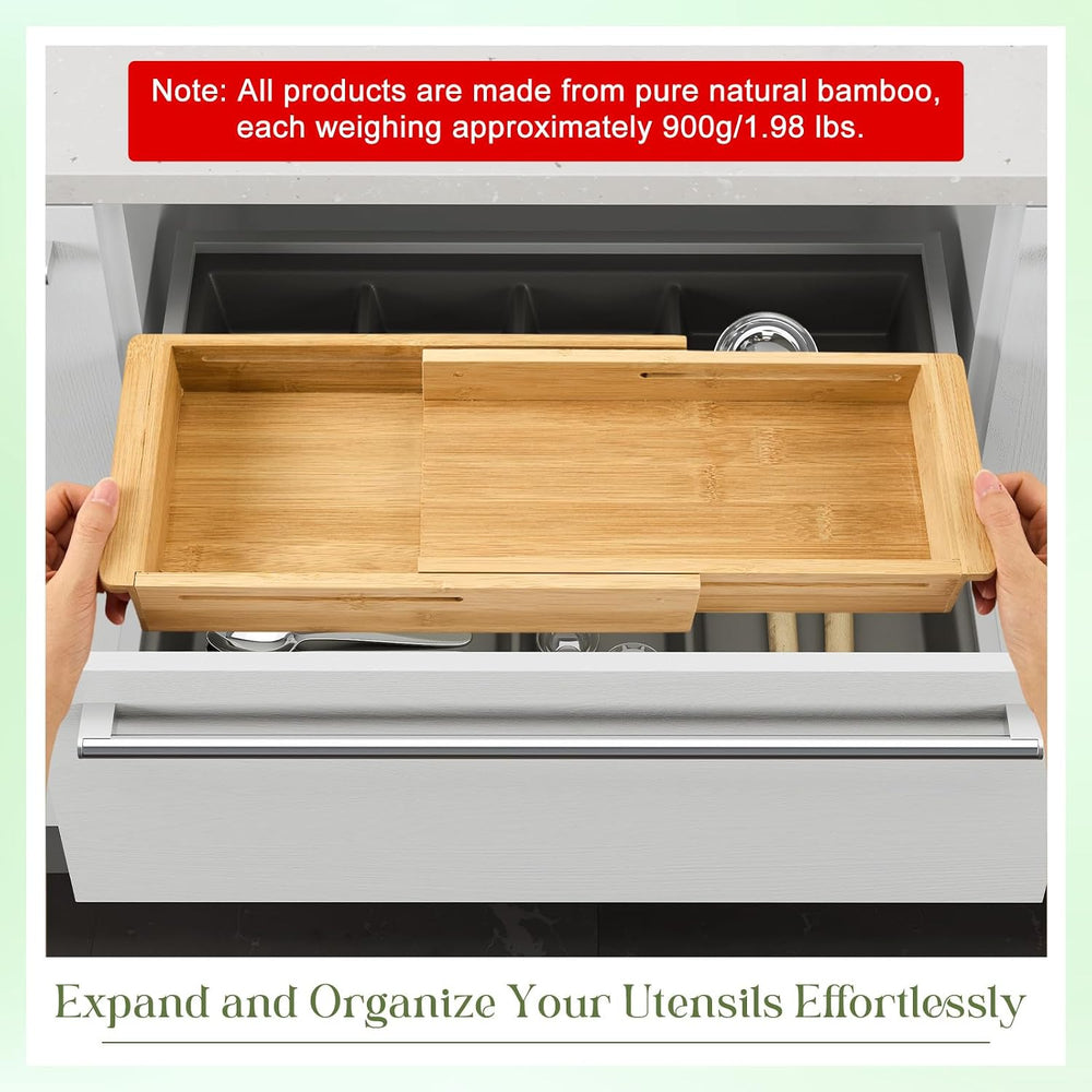 LemonRoad 2 Pcs Sliding Drawer Organizer 12.4-17.7 Inch Bin Bamboo Drawer Exp...