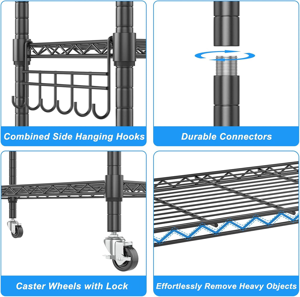 Homdox 5 Tier Metal Storage Shelves with Wheels, Heavy Duty Wire Shelving Uni...