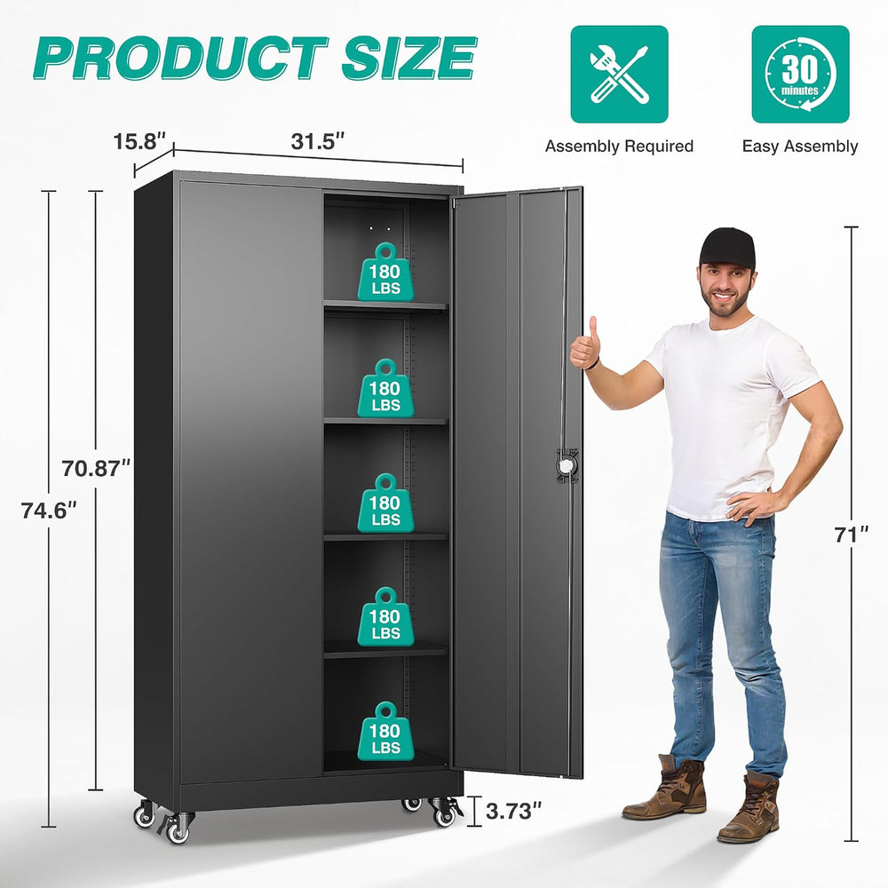 75" Tall Metal Storage Cabinet with Wheels,Rolling Garage Storage Cabine...