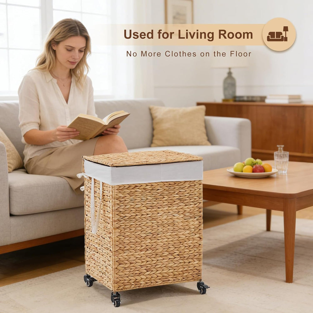 2-Section Laundry Hamper with Lid, Large Capacity Woven Natural Water Hyacint...