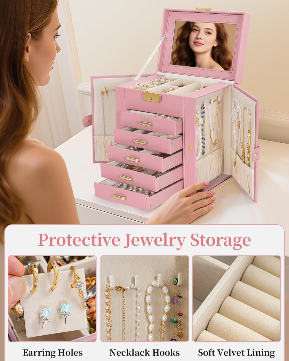 TORIBIO Large Jewelry Box for Women, Leather Jewelry Organizer with Mirror &a...