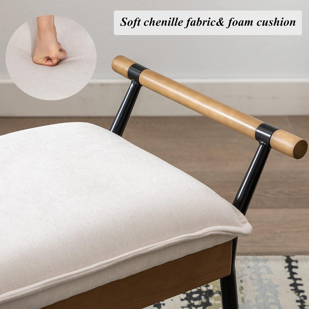 DUOMAY Modern Chenille Ottoman Bench with Arms & Metal Legs, White