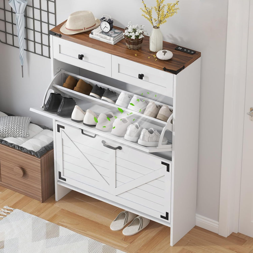 Shoe Cabinet with 2 Flip Drawers and Deodorizing Function, Hidden Shoe Storag...