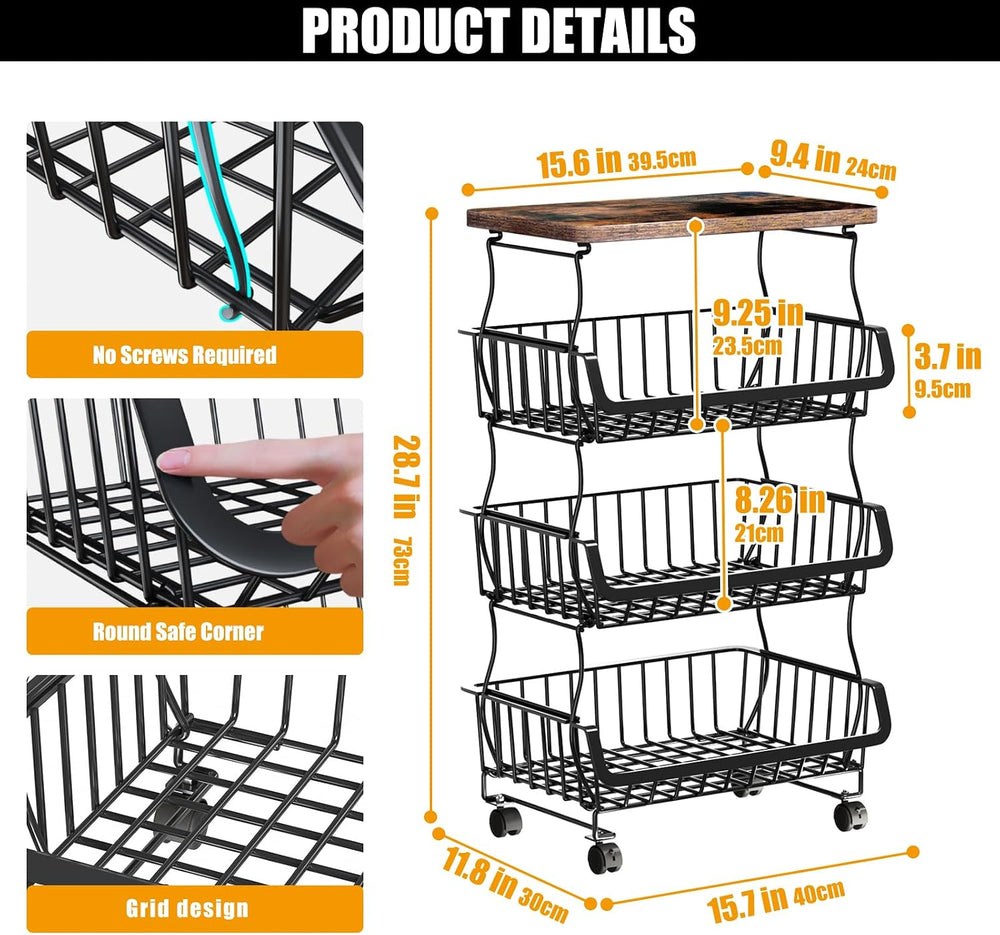 Gsiekare 4 Tier Fruit and Vegetable Basket for Kitchen with Wheels