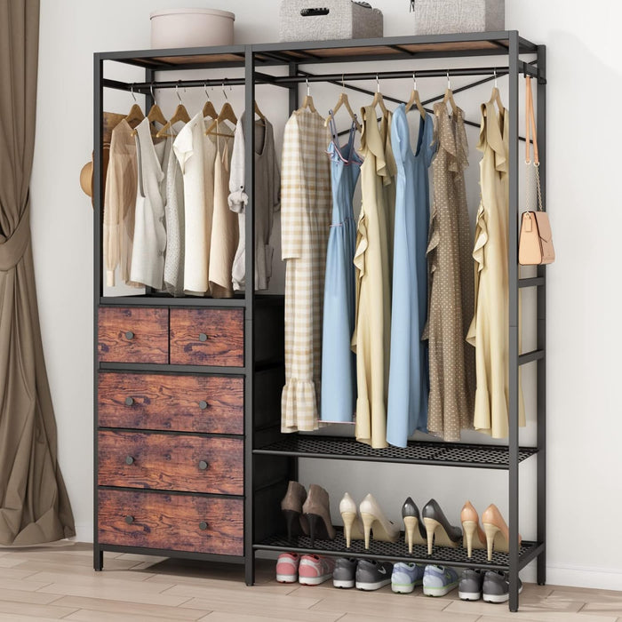 Freestanding Clothes Rack with 5 Drawers & 4 Storage Shelves,2 Hanging Rods
