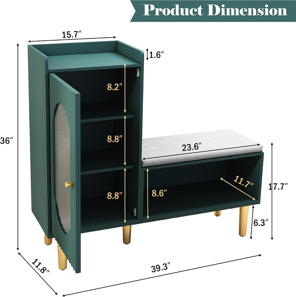HLR Storage Bench Set of 2, Green Modern Entryway Shoe Cabinet Bench with Gla...