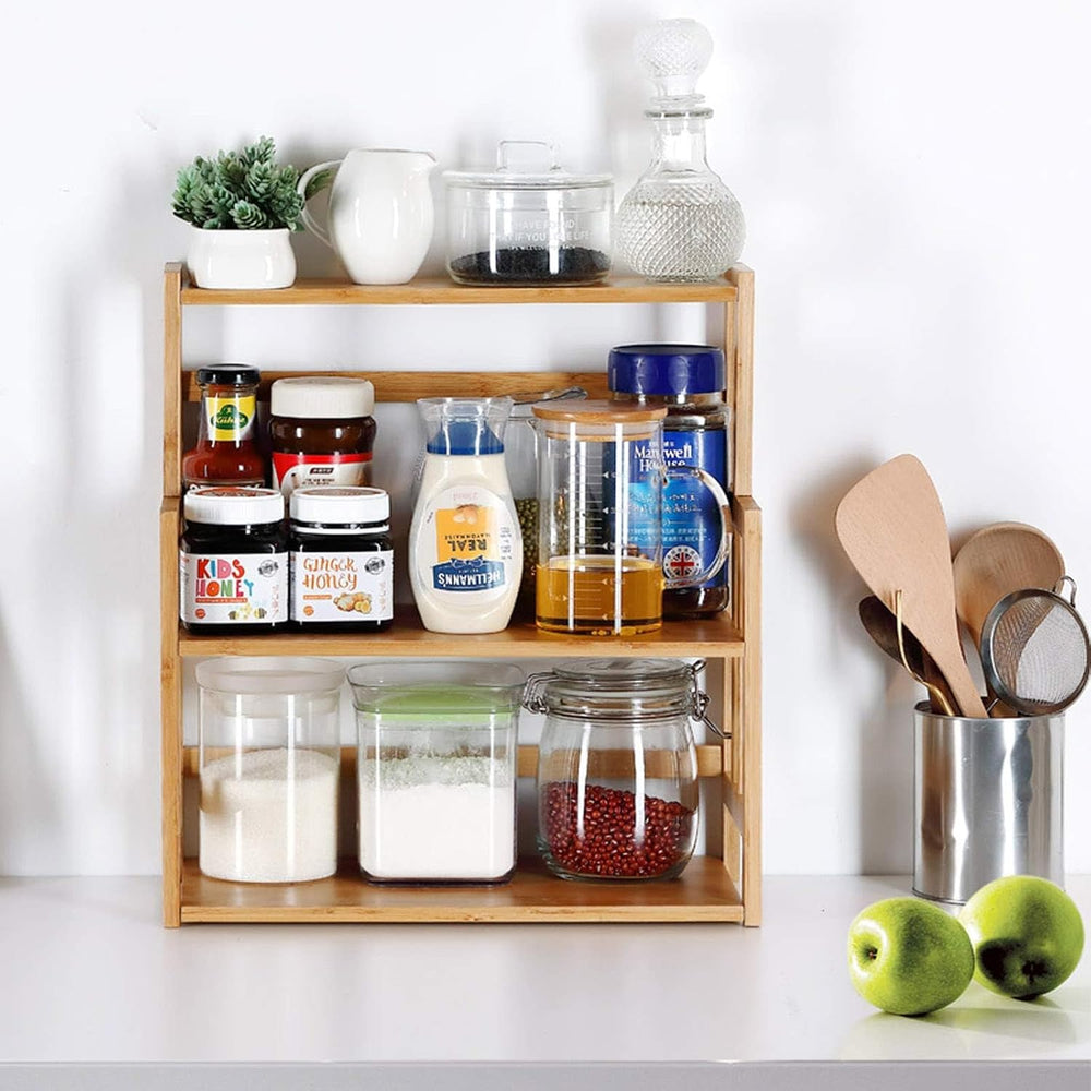 Bamboo Spice Rack 3-Tier Kitchen Countertop Organizer, Adjustable Shelf Pantr...