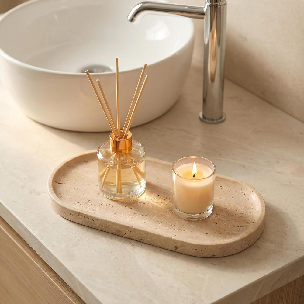 Beige Travertine Vanity Tray | Natural Stone Bathroom Organizer | Perfume &am...