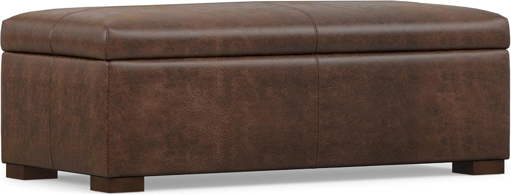 SIMPLIHOME Gabbie 48" Wide Vegan Leather Storage Ottoman in Chestnut Brown
