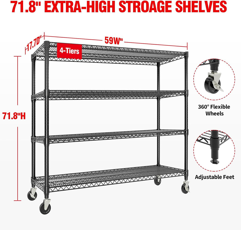 71.8" H Storage Shelves 4-Tiers Heavy Duty Metal Shelving Unit with Whee...