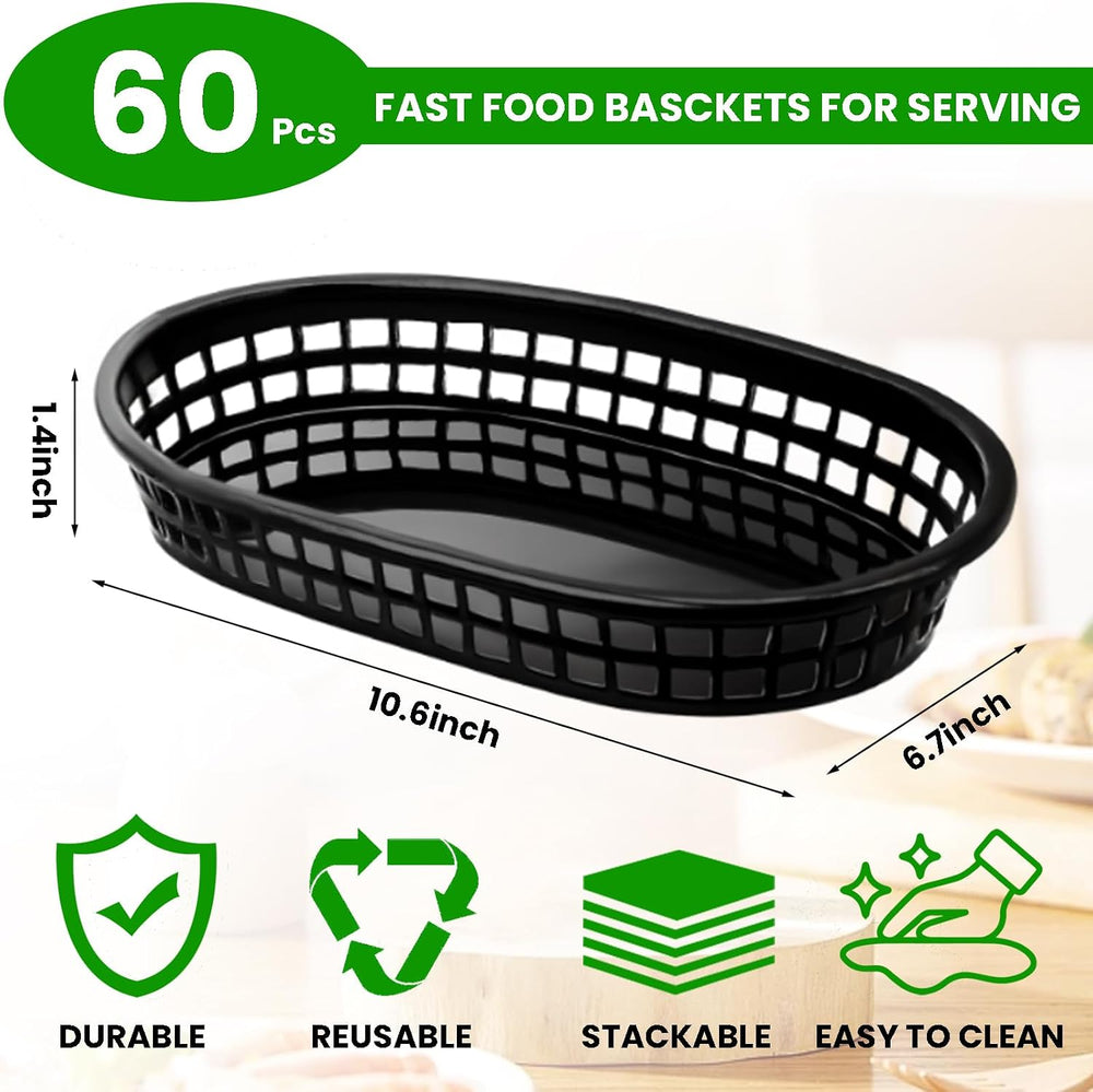 60 Pack Fast Food Baskets, 10.5 x 7 Inch Black Plastic Basket Restaurant Tray...