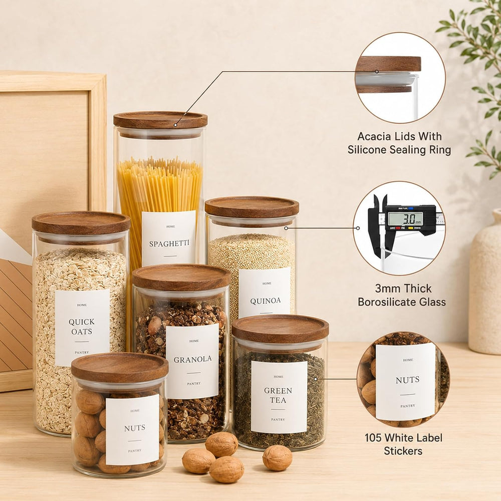 6 Pack Glass Jars with Acacia Lids, 32oz Pantry Airtight Storage Containers