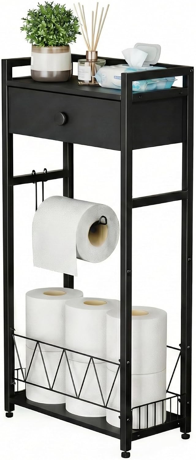 Freestanding Toilet Paper Holder Stand with Storage Drawer, Narrow Bathroom S...