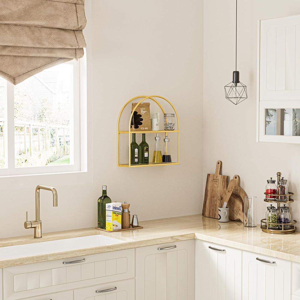 Crofy 2-Tier Arched Wall Shelf with Gold Frame & Transparent Shelves