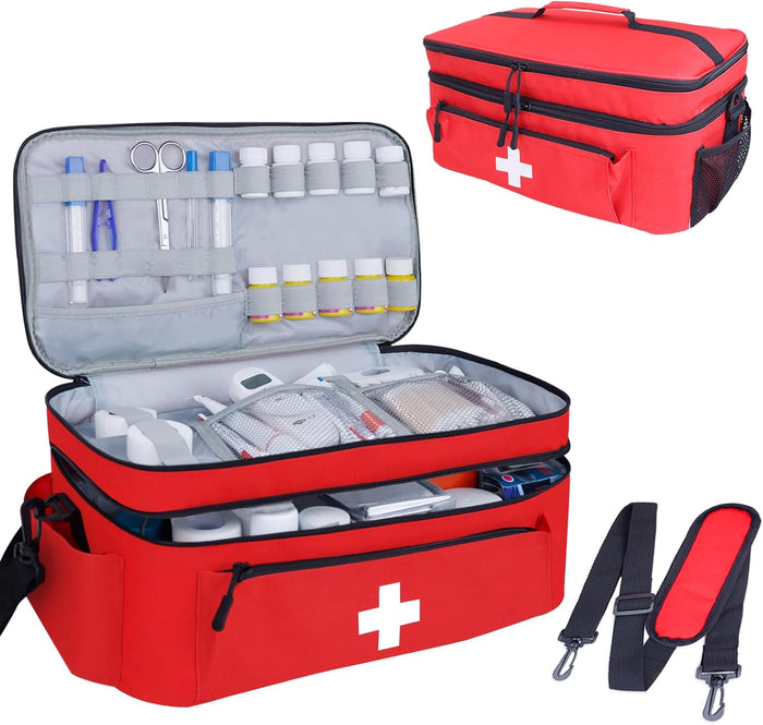 ALSLEA First Aid Bag Empty Large Medical Bag with Shoulder Strap Medicine Organizer Box Travel First Aid kit Emergency Supplies Storage Bag for Car, Home, Office, Outdoor, Camping, Hiking (Red)
