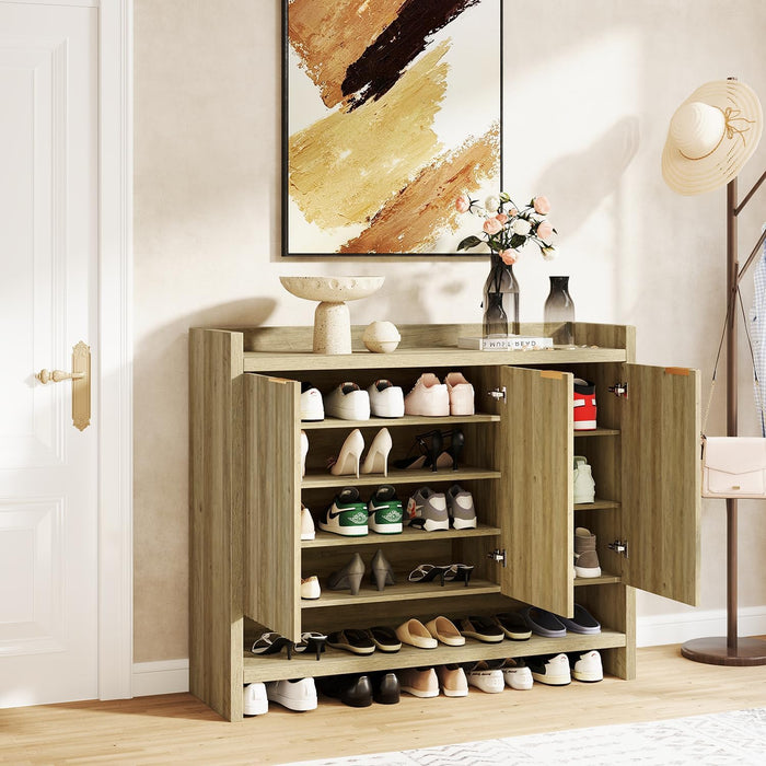 Walsham 49.4" Fluted Shoe Cabinet, 3 Hinge Doors and 5 Shelves, Shoe Storage Organzier Rack with Handle for Entryway Hallway Bedroom Living Room, Sunwashed Ash Oak