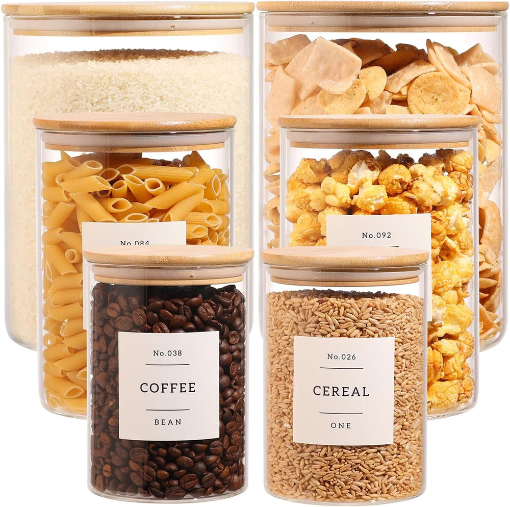 6-Pack Borosilicate Glass Storage Jars with Bamboo Lids + 132 Pre-Printed Pan...