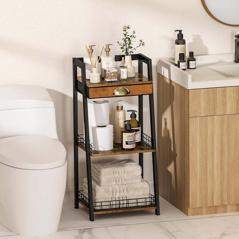 keomaisyto 3-Tier Bathroom Shelves with Canvas Drawer, Floor Bathroom Storage...