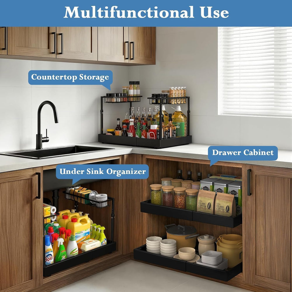 Under Sink Organizer, 2-Tier Slide Out kitchen Storage Metal Shelf, Black