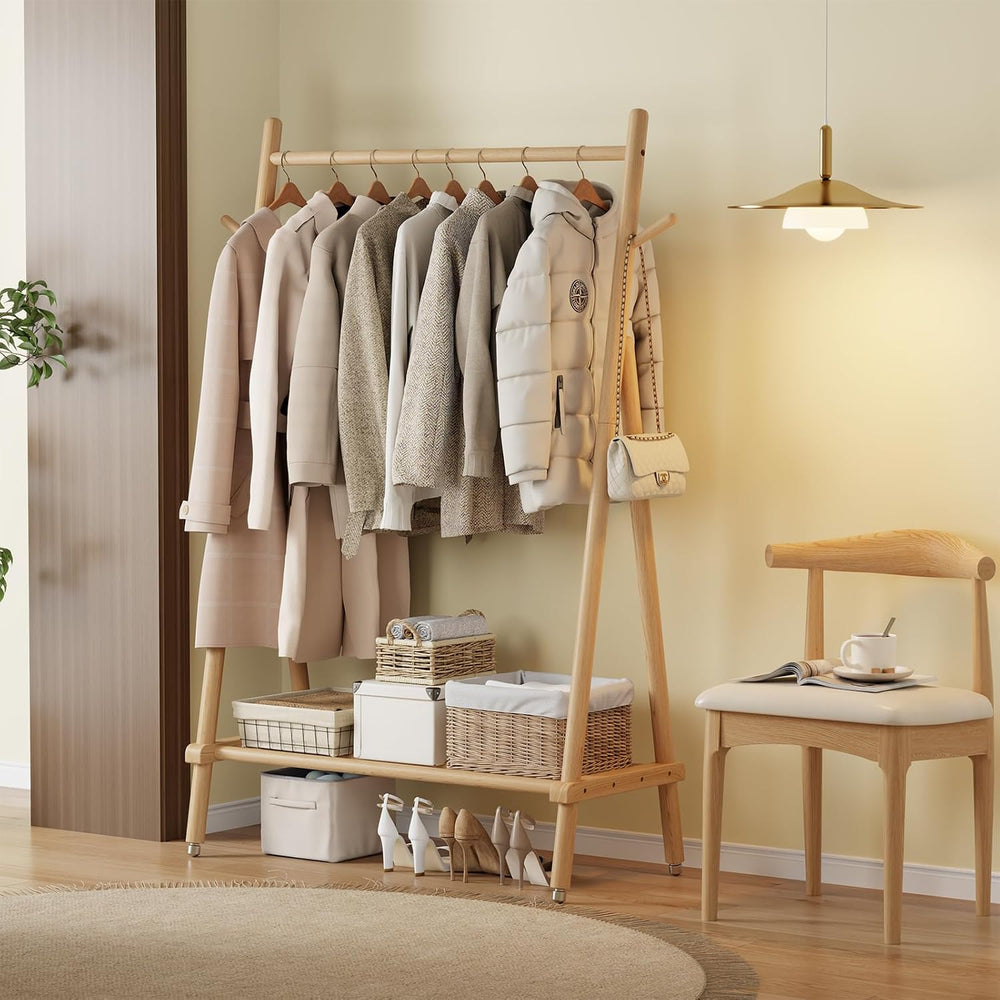 Muwuele Solid Wood Clothing Rack, Rolling Clothes Rack for Hanging Clothes, G...